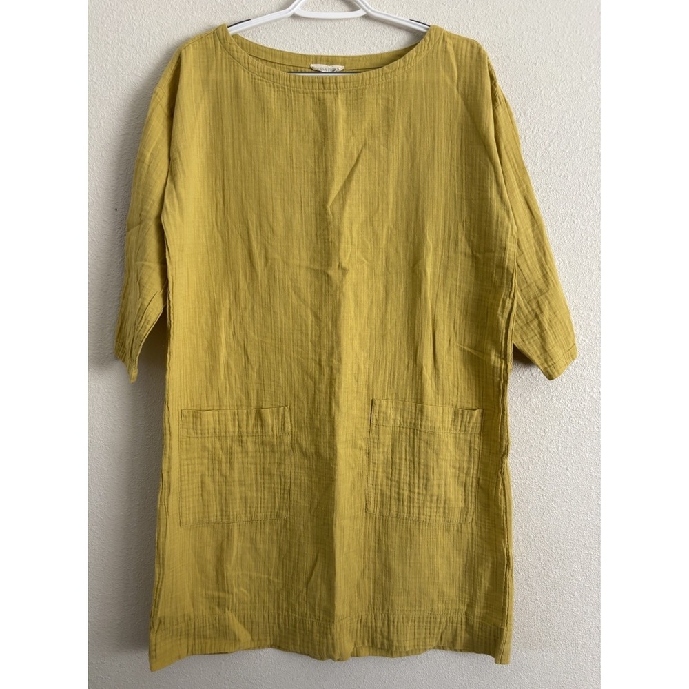 Eileen Fisher Small Mustard Organic Cotton Gauze Short Dress Pockets Women EUC